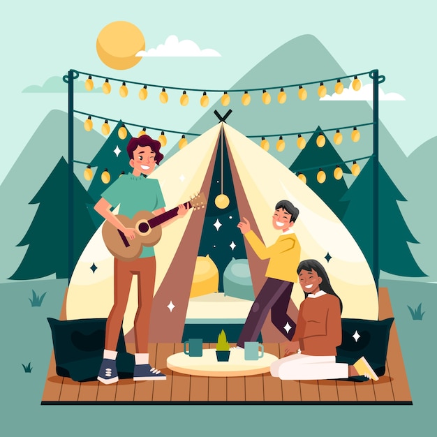 Ilustración de glamping de diseño plano dibujado a mano