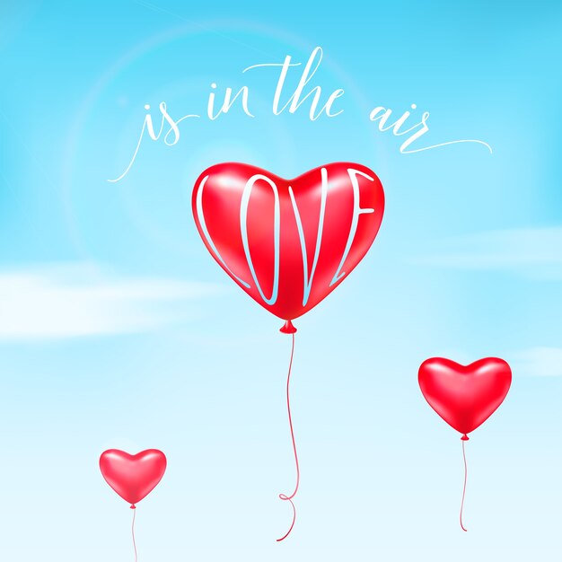 Ilustración de globo de corazón en el cielo, nubes blancas, signo de texto de cita de caligrafía. El amor está en el aire.