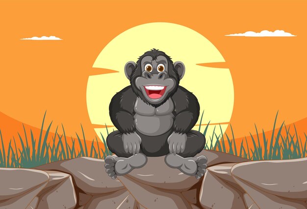 Ilustración del gorila feliz al atardecer