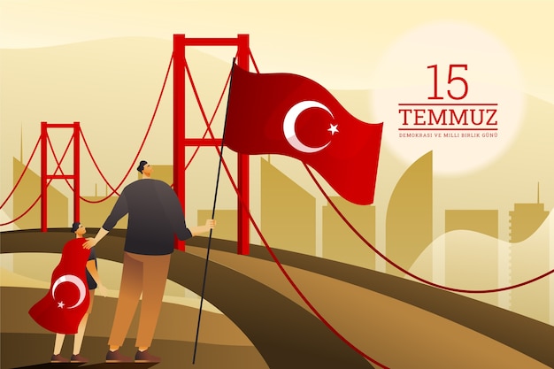 Vector gratuito ilustración de gradiente 15 temmuz con hombre y niño al lado del puente