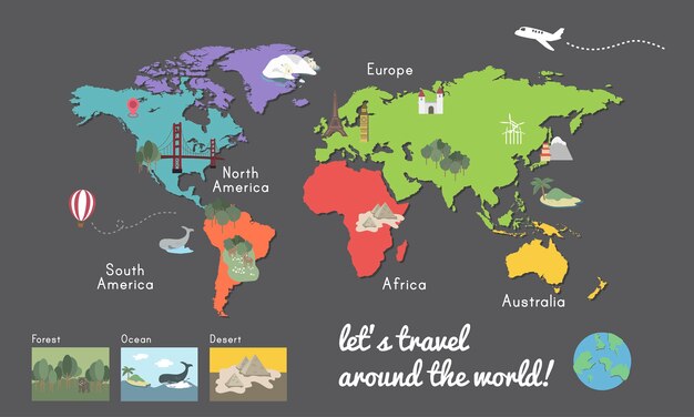Ilustración gráfica de la ubicación del mapa del continente mundial
