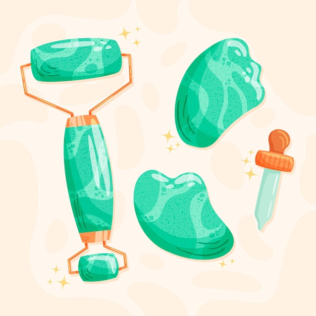 Vector gratuito ilustración de gua sha y rodillo de jade dibujado a mano plana