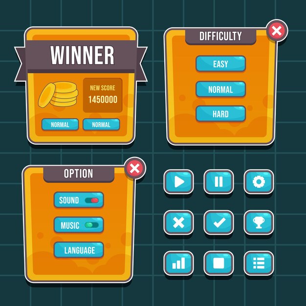 Ilustración de GUI de interfaz de usuario de juego diseñada para juegos de botones para computadoras de videojuegos