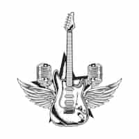 Vector gratuito ilustración de guitarra, dos micrófonos y alas.