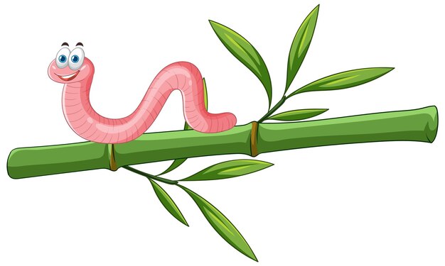 Ilustración de un gusano alegre en una rama de bambú