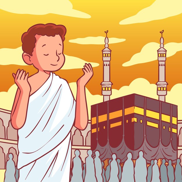 Ilustración de hajj dibujada a mano con persona rezando en la meca