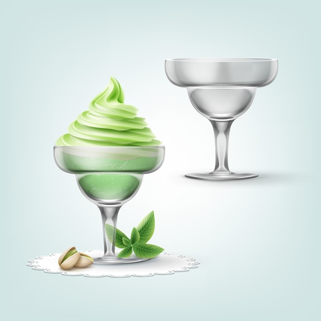 Vector gratuito ilustración de helado de pistacho suave con nueces en taza y taza vacía