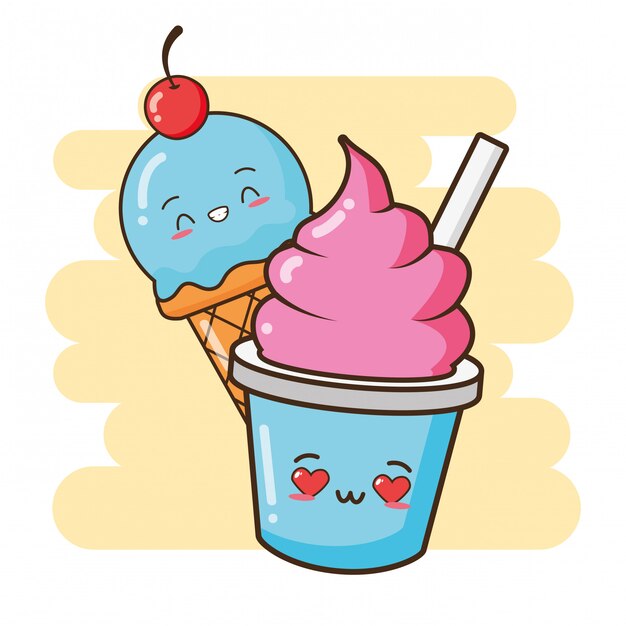 Ilustración de helados lindos de comida rápida kawaii