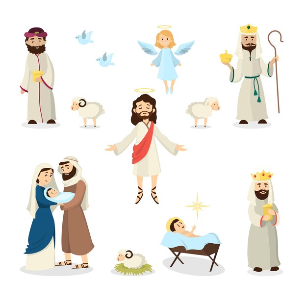 Ilustración de la historia de Jesucristo con María José y ovejas