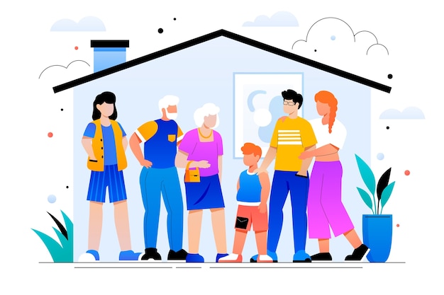 Vector gratuito ilustración de hogar multigeneracional degradado