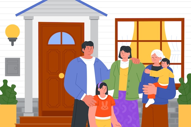 Ilustración de hogar plano multigeneracional