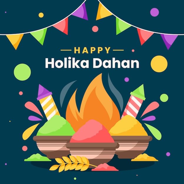 Vector gratuito ilustración de holika dahan con fogata y guirnaldas