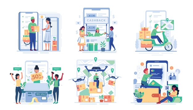 Ilustración con hombre y mujer que disfrutan de las compras en línea en estilo de personaje de dibujos animados,