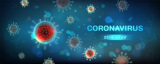 Ilustración horizontal de coronavirus. celda de virus en vista microscópica