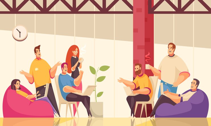 Vector gratuito la ilustración horizontal de coworking con un grupo de empleados creativos discute una tarea comercial común durante un café en una oficina de espacio abierto