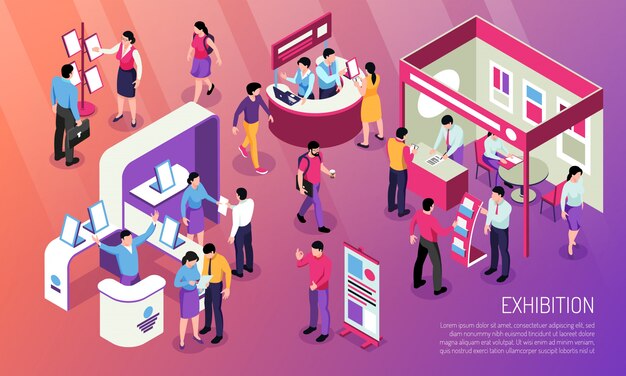 Ilustración horizontal de la exposición con visitantes que miran el producto anunciado y los personajes consultores en los stands de la exposición isométricos