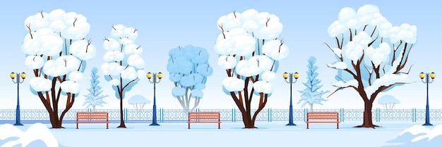 Ilustración horizontal del parque de la ciudad de invierno con bancos vacíos y árboles nevados ilustración vectorial de dibujos animados