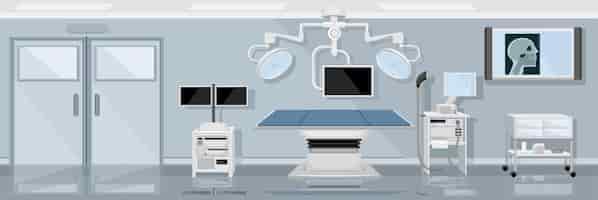 Vector gratuito la ilustración horizontal de la sala de operaciones médica demostró un equipo avanzado moderno para la ilustración de vector plano de operación de cirugía
