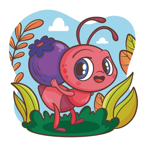 Ilustración de hormiga de dibujos animados dibujados a mano