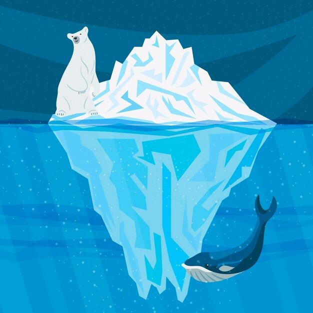 Ilustración de iceberg con ballena y oso polar