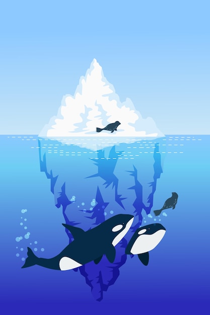 Vector gratuito ilustración de iceberg con ballenas y focas.