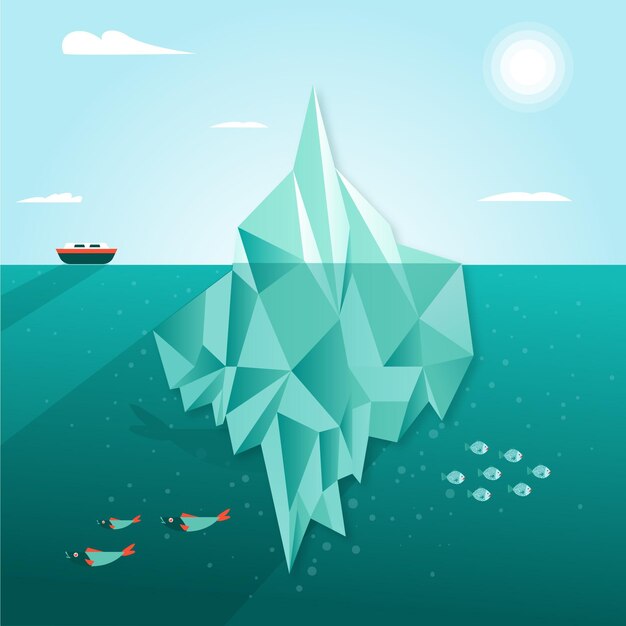 Ilustración de iceberg con barco y pescado