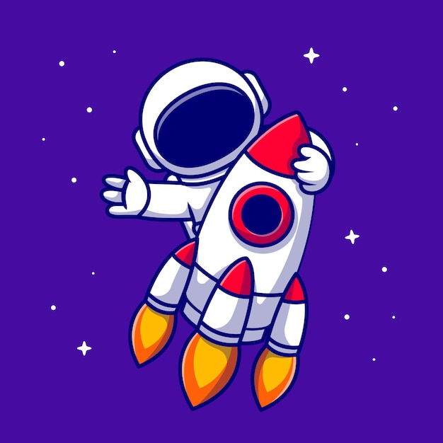 Ilustración de icono de dibujos animados de astronauta montando cohete. Icono de tecnología espacial aislado. Estilo de dibujos animados plana