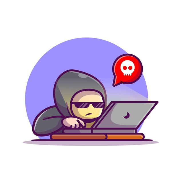 Ilustración de icono de dibujos animados de computadora portátil de funcionamiento de hacker.