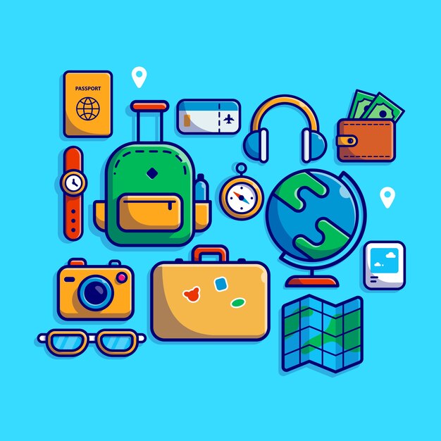 Ilustración de icono de dibujos animados de equipo de viaje.