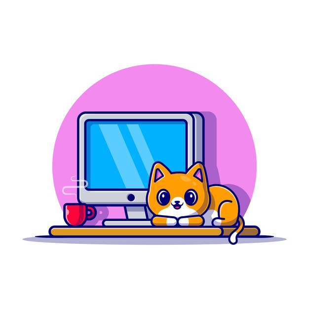 Ilustración de icono de dibujos animados lindo gato y computadora. Concepto de icono de tecnología animal aislado. Estilo de dibujos animados plana