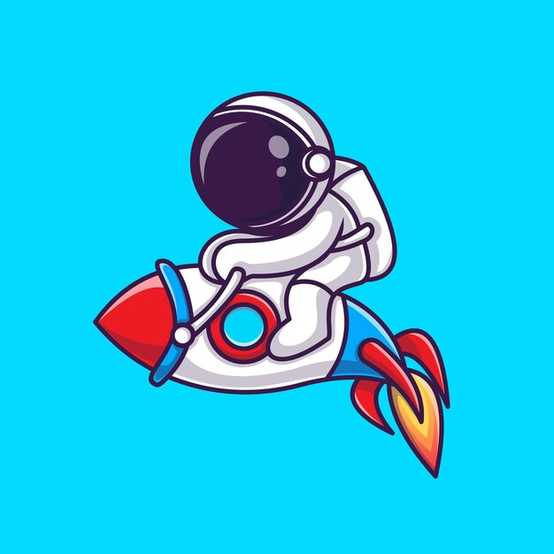 Ilustración de icono de vector de dibujos animados de astronauta montando cohete. Concepto de icono de tecnología de ciencia aislado Vector Premium. Estilo de dibujos animados plana