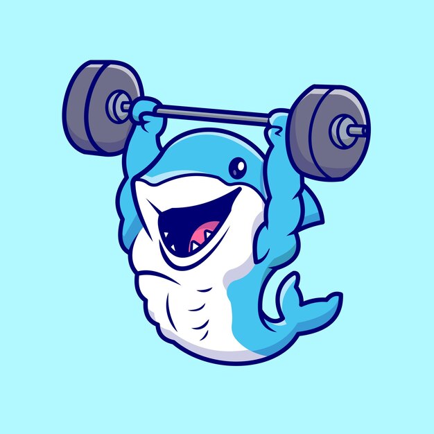 Ilustración de icono de vector de dibujos animados de barra de elevación de tiburón lindo. Concepto de icono de deporte animal plano aislado