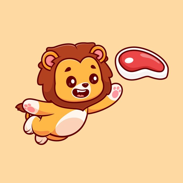 Ilustración de icono de vector de dibujos animados de carne de bistec de captura de león lindo. Concepto de icono de alimento animal aislado
