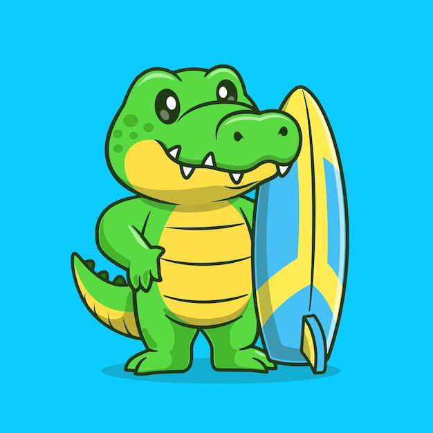 Ilustración de icono de vector de dibujos animados de cocodrilo lindo surf. Concepto de icono de vacaciones de animales aislado plano