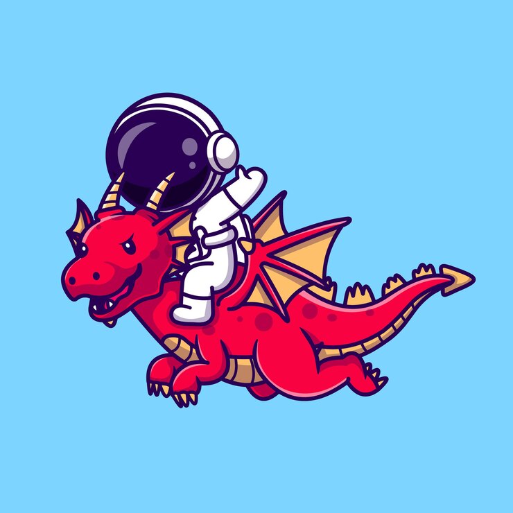 Vector gratuito ilustración de icono de vector de dibujos animados de dragón montando astronauta. concepto de icono de animales de ciencia aislado vector premium. estilo de dibujos animados plana