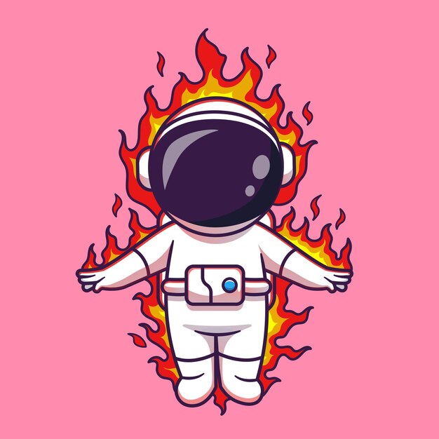 Ilustración de icono de vector de dibujos animados de elemento de fuego de astronauta lindo. Icono de ciencia tecnología aislado plano