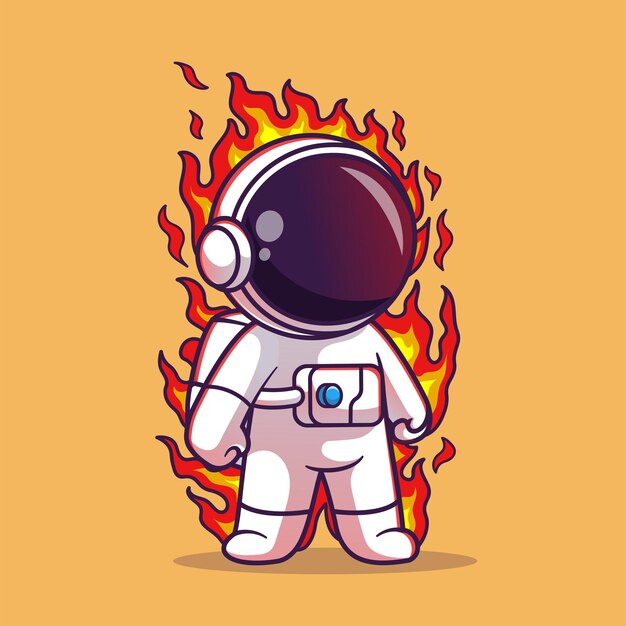Ilustración de icono de vector de dibujos animados de elemento de fuego de astronauta lindo. Icono de ciencia tecnología aislado plano