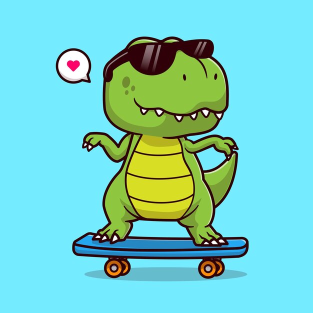 Ilustración de icono de vector de dibujos animados lindo Dino jugando patineta. Concepto de icono de deporte animal aislado