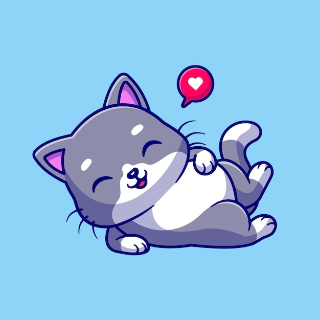 Ilustración de icono de vector de dibujos animados lindo gato feliz tendido. Concepto de icono de naturaleza animal aislado Vector Premium. Estilo de dibujos animados plana