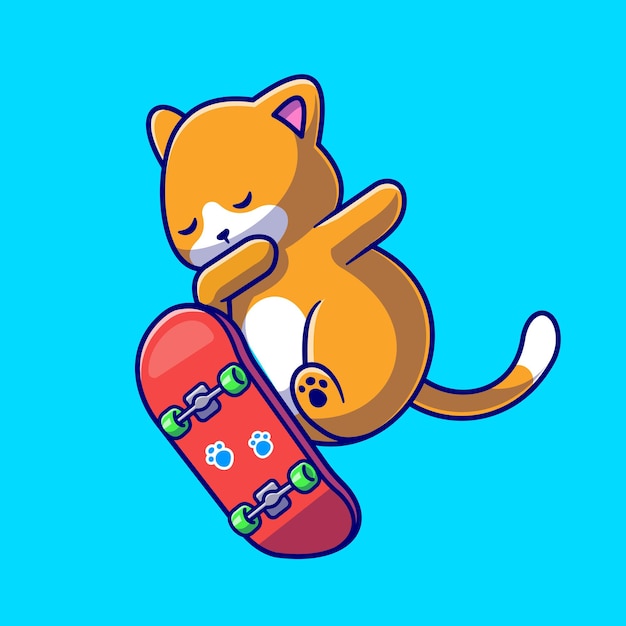 Vector gratuito ilustración de icono de vector de dibujos animados lindo gato jugando patineta. concepto de icono de deporte animal aislado vector premium. estilo de dibujos animados plana