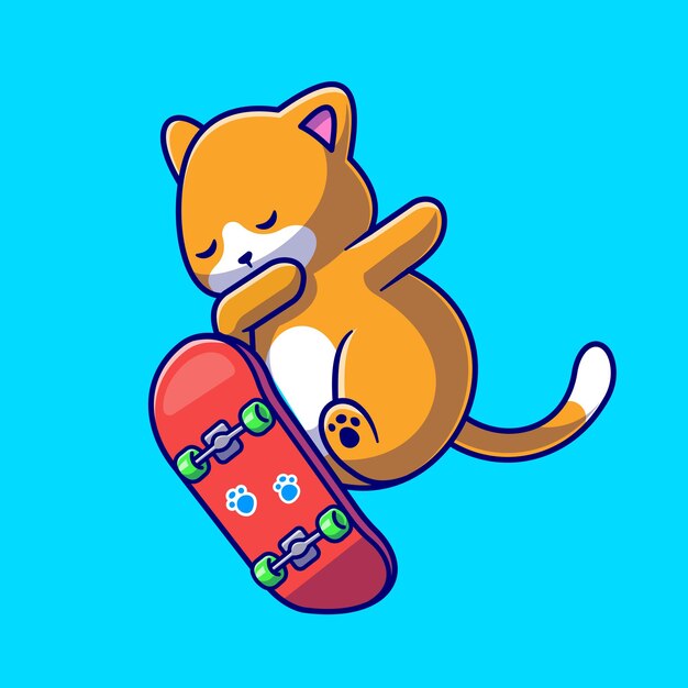 Ilustración de icono de vector de dibujos animados lindo gato jugando patineta. Concepto de icono de deporte animal aislado Vector Premium. Estilo de dibujos animados plana