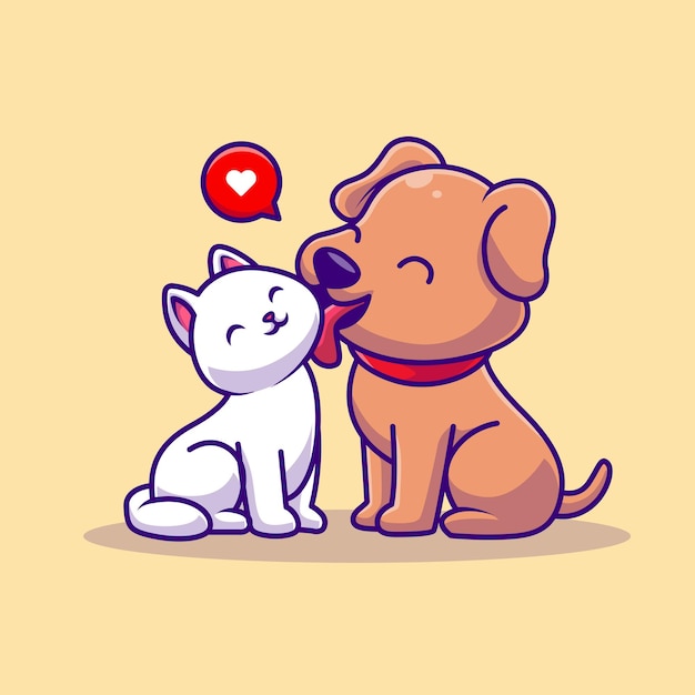 Ilustración de icono de vector de dibujos animados lindo perro lamiendo gato. naturaleza animal icono concepto aislado premium