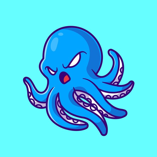 Ilustración de icono de Vector de dibujos animados lindo pulpo enojado. Concepto de icono de naturaleza animal aislado Vector Premium. Estilo de dibujos animados plana