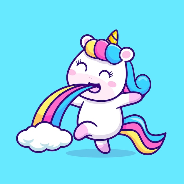 Ilustración de icono de vector de dibujos animados lindo unicornio vomitando arco iris. Concepto de icono de naturaleza animal aislado Premium Vector. Estilo de dibujos animados plana