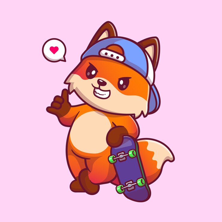 Vector gratuito ilustración de icono de vector de dibujos animados lindo zorro jugando patineta. concepto de icono de deporte animal aislado
