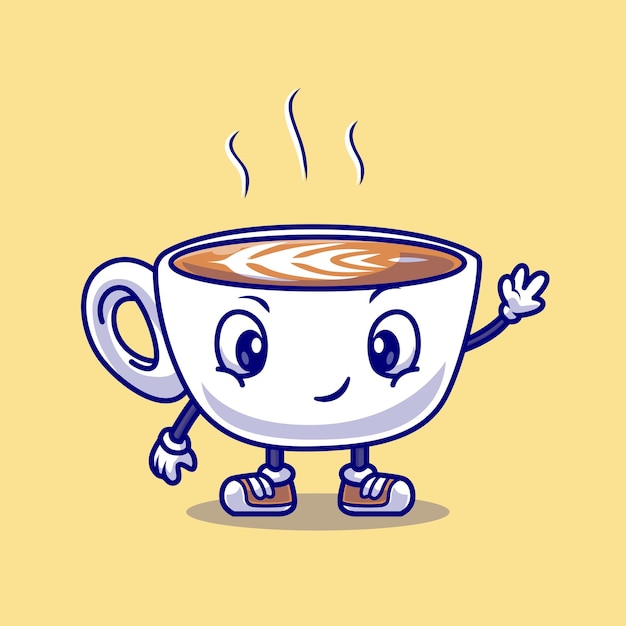 Ilustración de icono de vector de dibujos animados de mano de agitar de taza de café lindo. Concepto de icono de objeto de bebida aislado