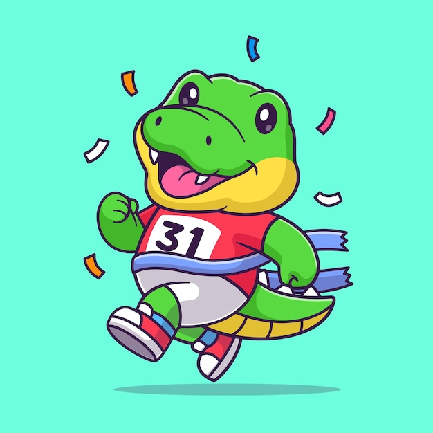 Ilustración de icono de vector de dibujos animados de maratón de cocodrilo lindo. Concepto de icono de deporte animal aislado