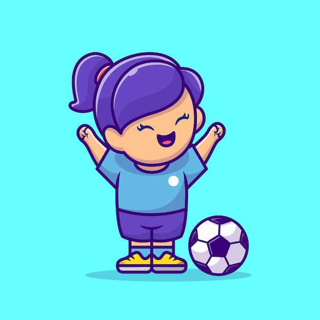 Ilustración de icono de Vector de dibujos animados de niña de fútbol. Concepto de icono de deporte de personas aislado Vector Premium. Estilo de dibujos animados plana