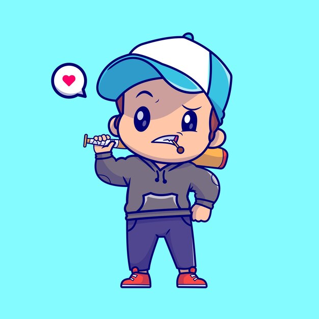 Ilustración de icono de vector de dibujos animados de palo de béisbol de niño lindo. Concepto de icono de deporte de personas aislado