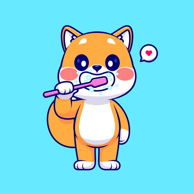 Ilustración de icono de vector de dibujos animados de perro Shiba Inu lindo cepillado de dientes. Animal Saludable Icono Concepto Plano
